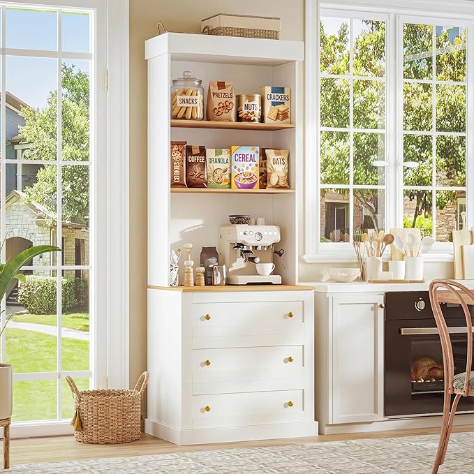 71" Tall Farmhouse Kitchen Pantry, Large Storage Cabinet with Drawers, Freestanding Coffee Bar Hutch with Microwave Stand, Adjustable Shelves for Kitchen, Living Room, White