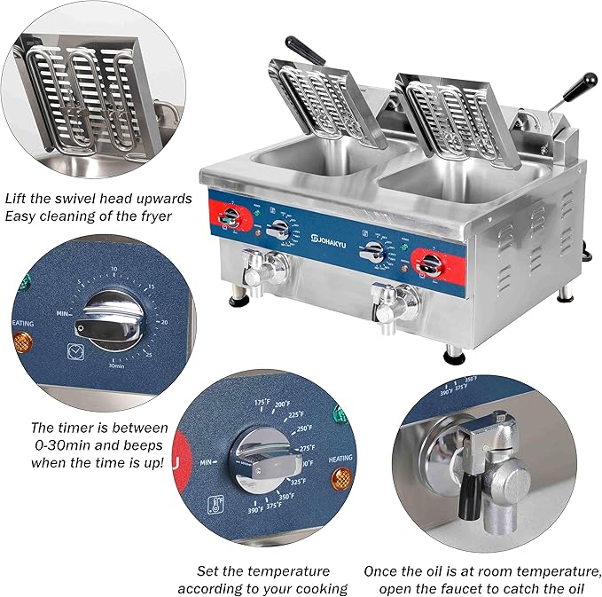 JOHAKYU Commercial Deep Fryer | Timer-Equipped Electric Fryer with Drain Valve & Swing-Up Head | 120V 3600W Stainless Steel Countertop Fryer for Home & Restaurant Use (25.4QT)