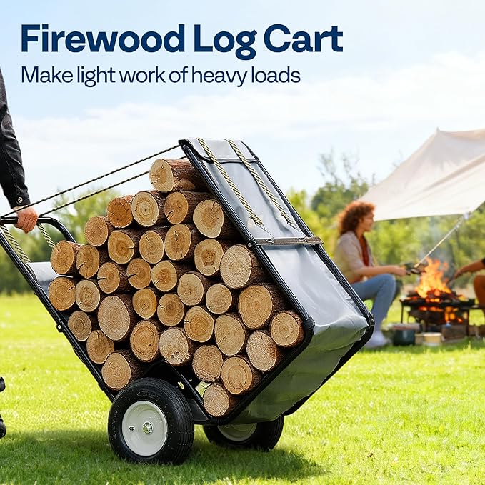 VIVOHOME Firewood Cart with Rubber Wheels and 600D Oxford Cloth, X-Large 300 LB Capacity Heavy Duty Steel Log Carrier Dolly Hauler, Wood Rack Storage Mover for Easy Transport Indoor Outdoor Use
