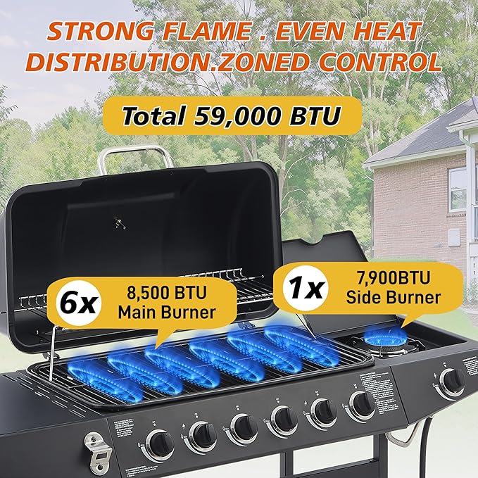 6 Burner Propane Gas Grill, 59,000 BTU Gas Grill with Side Burner, BBQ Grill with Cast Iron Grates, Stainless Steel Frame, 576 Sq In Cooking Area, Outside Grill for Patio Backyard, Patio