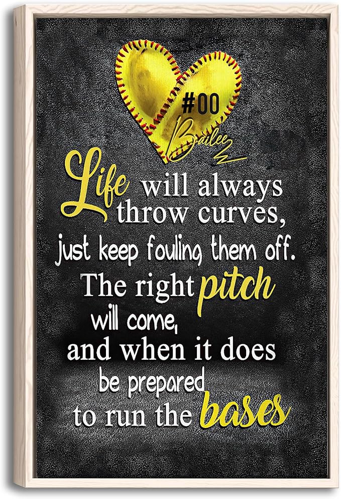 Custom Softball Life Is Always Throw Curves Gift For Pitcher Girl Personalized Name Number Poster & Framed Canvas, Wall Art Home Office Decoration Living Room Bedroom Aesthetic Decor
