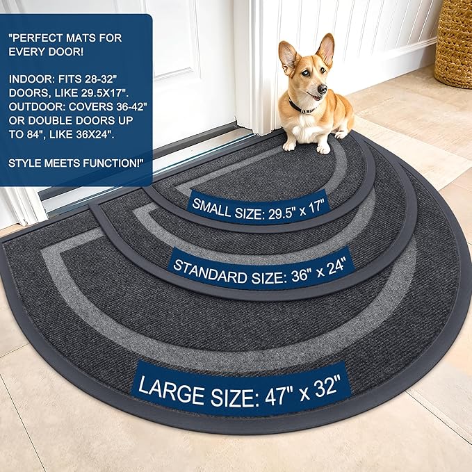 OLANLY Half Circle Door Mat Indoor Outdoor Entrance Welcome, Waterproof All-Season, All-Weather Doormat, Sturdy Natural Rubber, Low Profile, Easy Clean Patio Porch Entryway Mat, 29.5x17, Grey