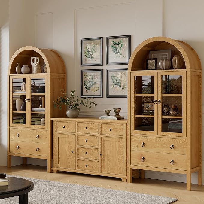 71'' Tall Arched Cabinet, Farmhouse Arched Kitchen Pantry with Doors, Arch Storage Cabinet Display Bookcase with 2 Large Drawers and Adjustable Shelves, Versatile Cupboard for Living Room