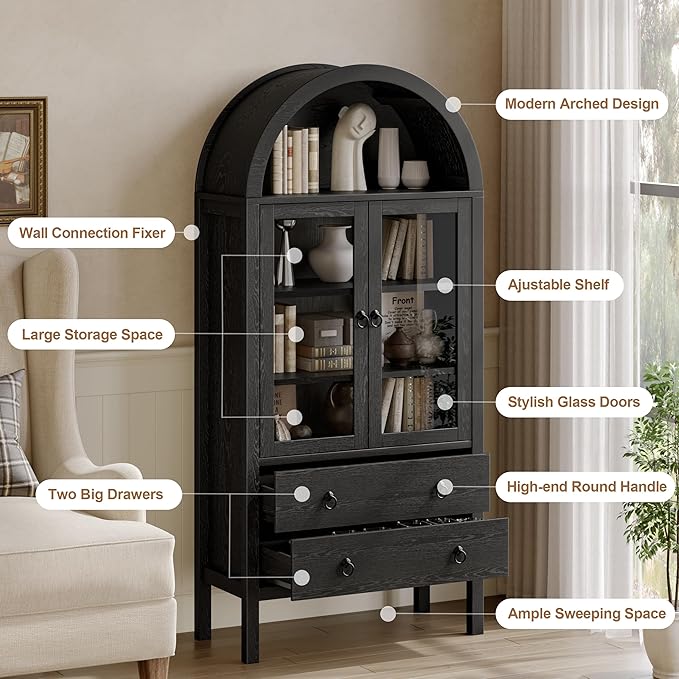 71'' Tall Arched Cabinet, Arched Kitchen Pantry Cabinet with Doors, Wood Arch Storage Cabinets Display Bookcase with 2 Large Drawers and Adjustable Shelves, Versatile Cupboard for Living Room