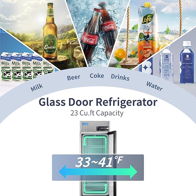 ICECASA 27" W Commercial Display Refrigerator Single Glass Door Merchandiser Reach-in 23 Cu.ft Stainless Steel Display Refrigerator Fan Cooling for Restuarant, Bar, Shop, etc