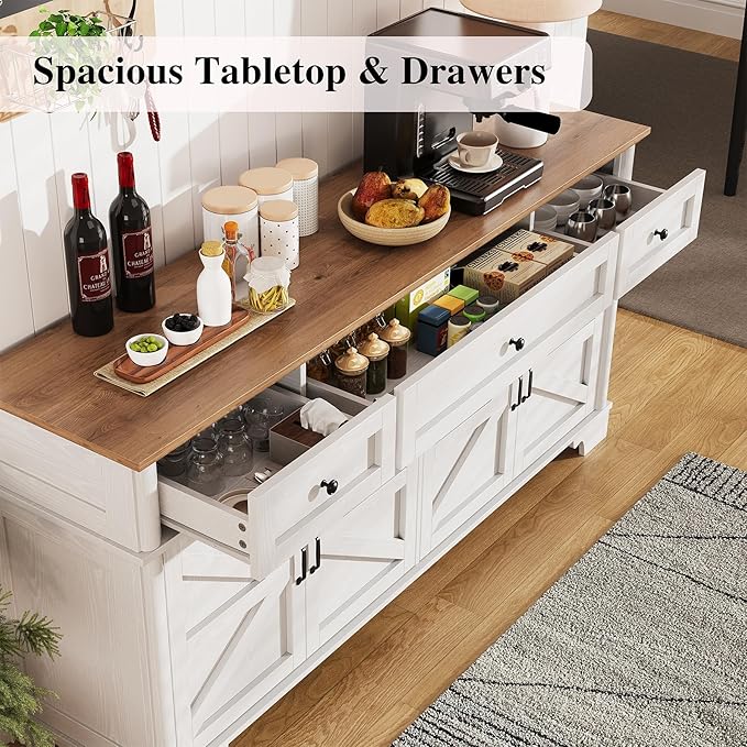 65 Inch Farmhouse Buffet Cabinet with Storage, White Sideboard Buffet Cabinet with Adjustable Shelves & 3 Drawers, Buffet Table Coffee Bar Wine Bar Storage for Kitchen & Living Room