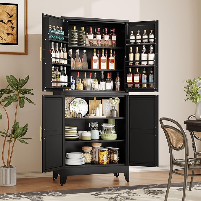 74.8" Tall Metal Food Cabinet, Black Kitchen Pantry Cabinet, Storage Cabinets with 4 Door and 4 Adjustable Shelves, Steel Freestanding Cupboard for Kitchen Dining Room Living Room Bathroom