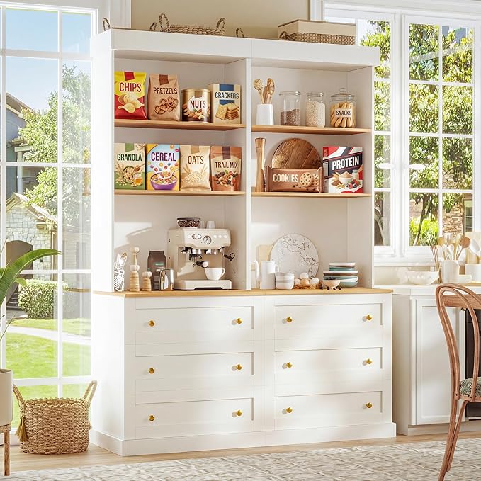 Vyre 71" Farmhouse Kitchen Pantry Cabinet Set of 2, White Freestanding Coffee Bar Hutch with Drawers & Adjustable Shelves, Large Storage Cabinet with Microwave Stand for Living Room & Kitchen
