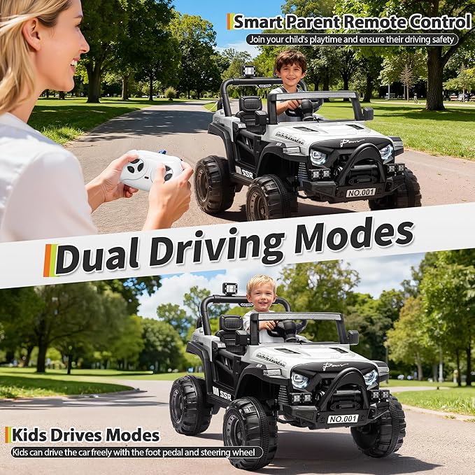 12V Kids Ride on Car, Electric Ride on Truck w/Parent Remote, Spring Suspension, Bluetooth Music, LED Light, 4.1Mph Max Speed, 3 Speeds, Battery Powered Vehicles for Kids Toddler Age 3-8, White