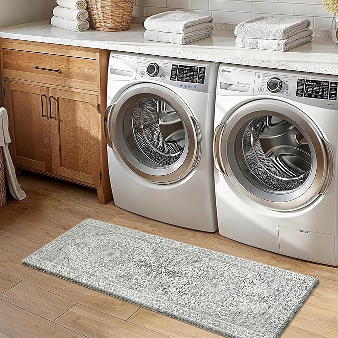 GENIMO Kitchen Mats for Floor, 2PCS Kitchen Rugs Non Slip Washable, Waterproof Anti Fatigue Mat, Comfort Standing Runner Rug for Sink, Office, Laundry, Home, 17.3"x47"+17.3"x30", Blue Grey