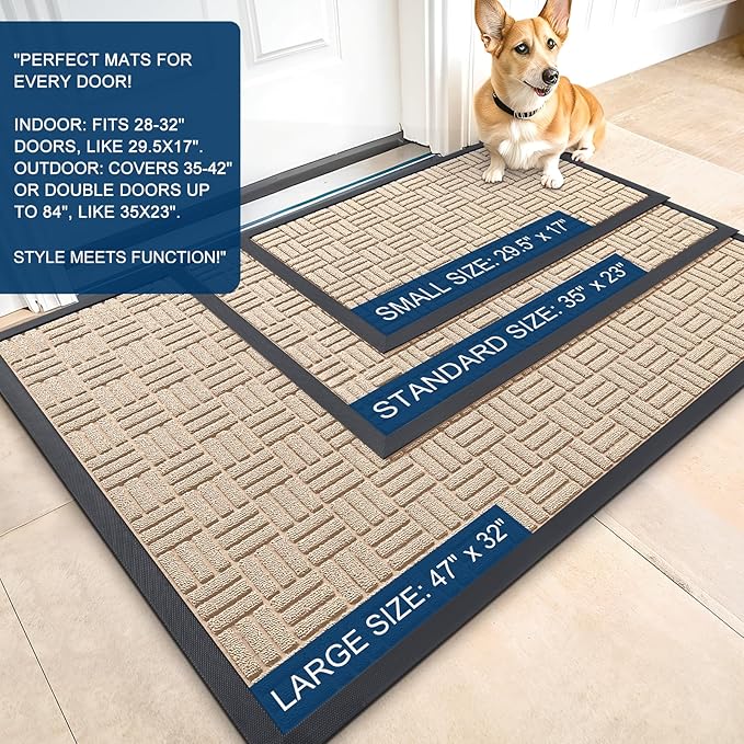 OLANLY Front Door Mat Outside Entrance 47x23, Absorbent, Heavy Duty Sturdy Natural Rubber Doormat Indoor Outdoor, Non-Slip, Stain and Fade Resistant, Low Profile Floor Mat for Entryway, Latte White
