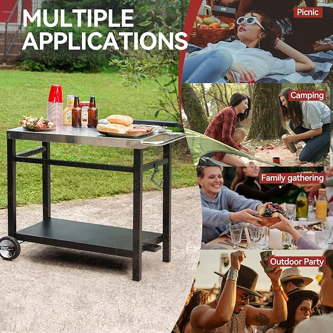 Royal Gourmet Dining Cart Table with Double-Shelf, Movable Stainless Steel Flattop Grill Cart, Hooks, Side Handle, Multifunctional PC3401S (Silver)