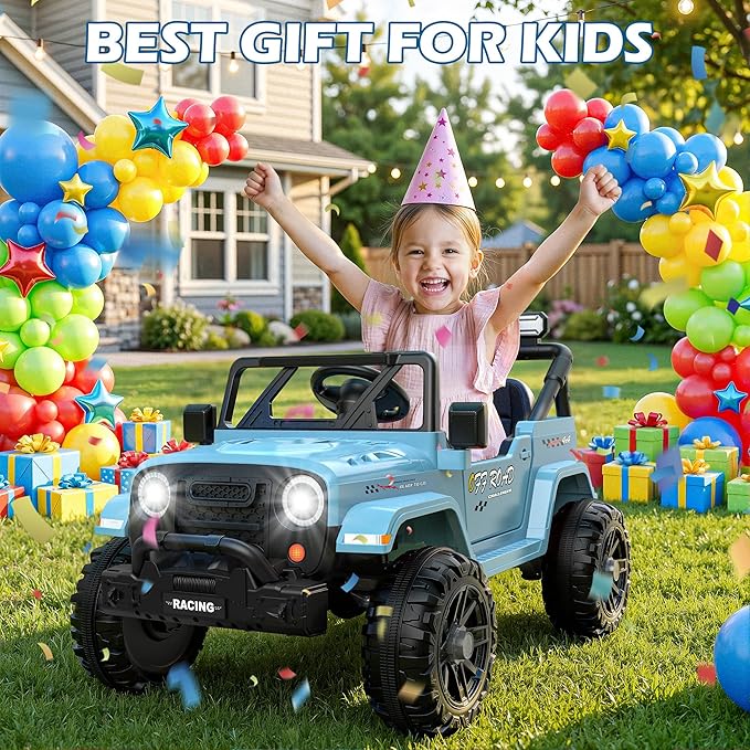12V Ride On Truck Car with Remote Control, Kids Electric Vehicles with Bluetooth Music, Horn, 3 Speeds, 4 LED Lights, Soft Start, Ride on Toys for Toddler Boys & Girls (Blue)