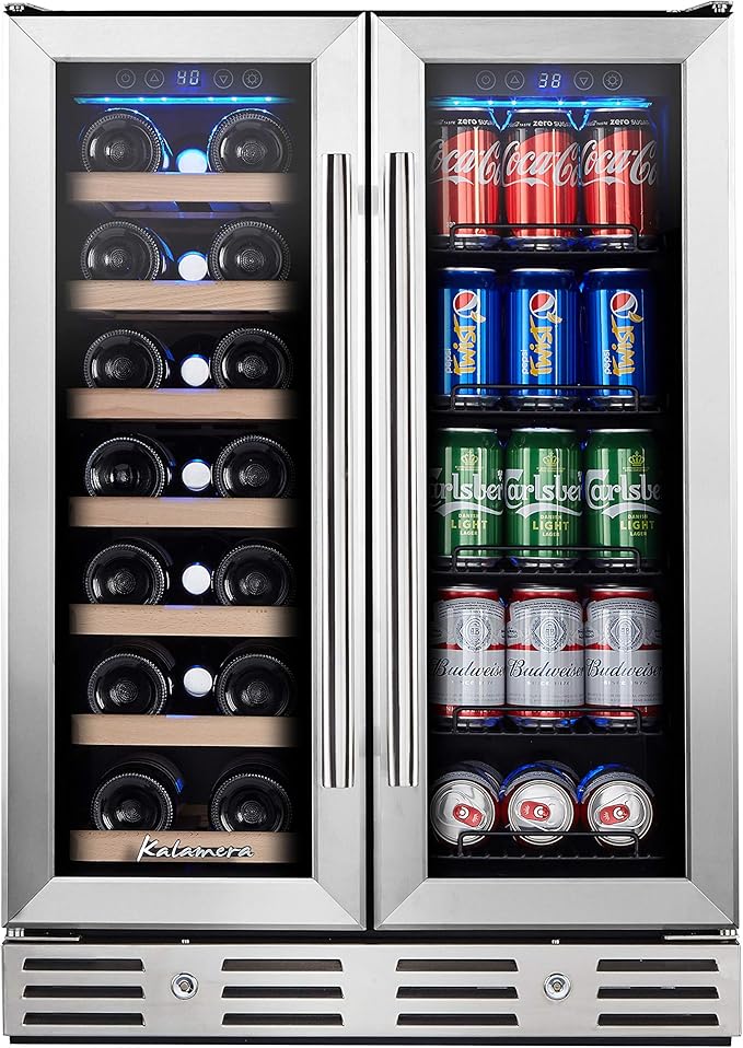 24 Inch Wine and Beverage Fridge, Wine Refrigerator Dual Zone Hold 20 Bottles and 78 Cans,Built-In or Freestanding Digital Touch Control