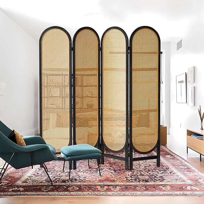 4 Panel Room Divider, Hand-Woven Rattan Room Divider Screen, Folding Privacy Screens with Double Hinges, Wooden Freestanding Wall Divider for Room Separation Bedroom Home Office - Black