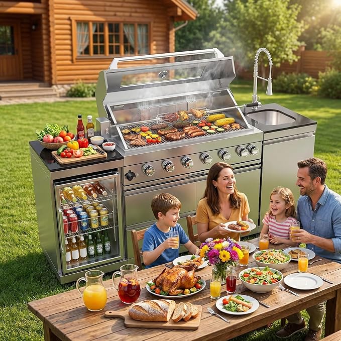 Outdoor Kitchen Island, 82 Inch 6 Burner Gas Grill Combination With Refrigerator and Sink, Outdoor Stainless Steel Barbecue Bar, Propane Grill, 85000 BTUs (82"-Silver, Propane)