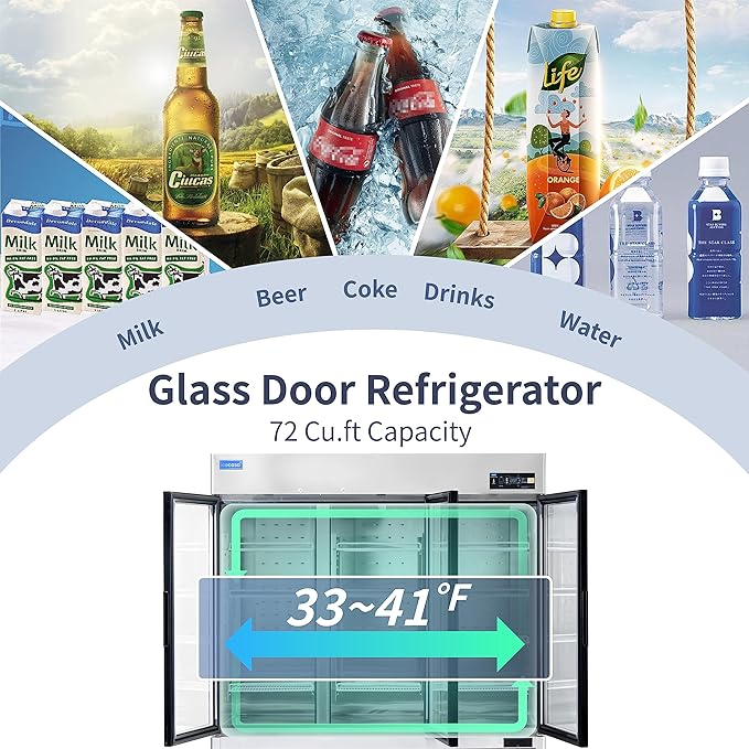 ICECASA 82" W Commercial Display Refrigerator 3 Glass Door Merchandiser Reach-in 72 Cu.ft Stainless Steel Display Refrigerator Fan Cooling for Restuarant, Bar, Shop, etc