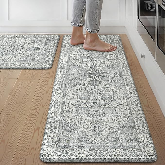 GENIMO Kitchen Mats for Floor, 2PCS Kitchen Rugs Non Slip Washable, Waterproof Anti Fatigue Mat, Comfort Standing Runner Rug for Sink, Office, Laundry, Home, 17.3"x47"+17.3"x30", Blue Grey
