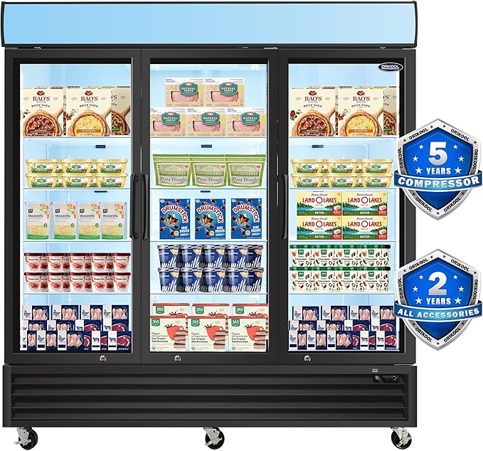 mikibama Glass Door Merchandiser Freezer, 70 Cu.ft Swing Door Commercial Reach-In Display Refrigerator with LED Top Panel Upright Freeze Storage, Three Cabinets, Black