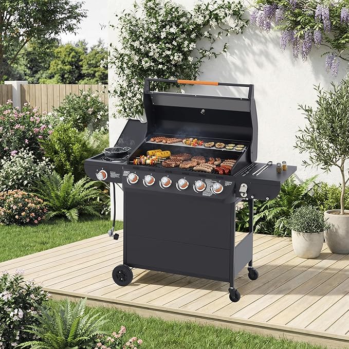 6 Burner Propane Gas Grill, 72,000 BTU Gas Grill with Side Burner, BBQ Grill with Cast Iron Grates, Stainless Steel Frame, 650 Sq In Cooking Area, Outside Grill for Patio Backyard