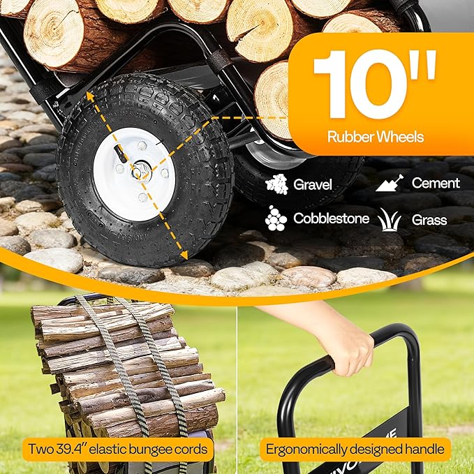 VIVOHOME Firewood Log Cart Carrier with Cover and 600D Oxford Cloth, 250 LB Capacity Heavy Duty Steel Log Carrier Dolly Hauler, Rolling Wood Rack Storage Mover for Easy Transport Indoor Outdoor Use