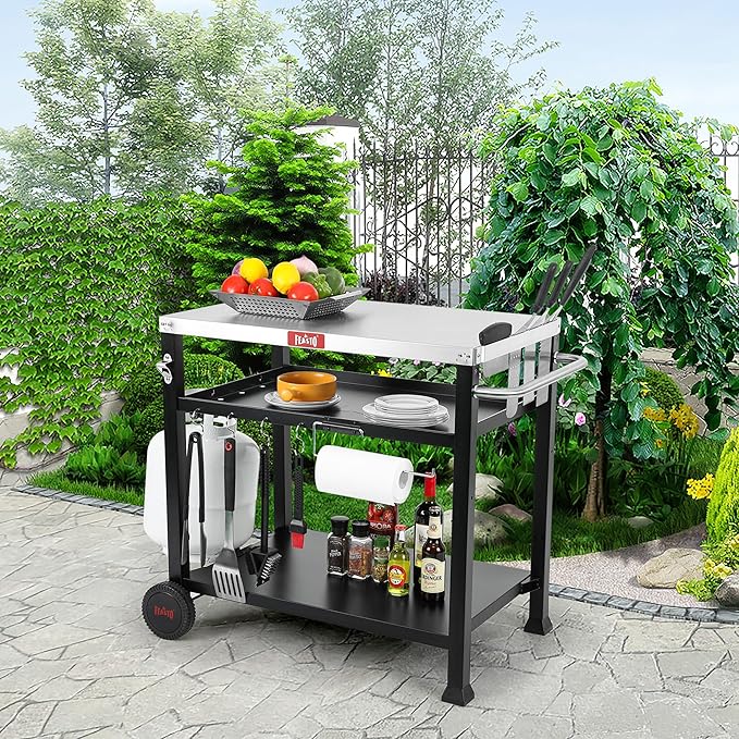Three-Shelf Movable Food Prep and Work Cart Table, Home and Outdoor Multifunctional Stainless Steel Table Top Worktable on Two Wheels, L39.5''x W25.6''x H33'', Cover Included