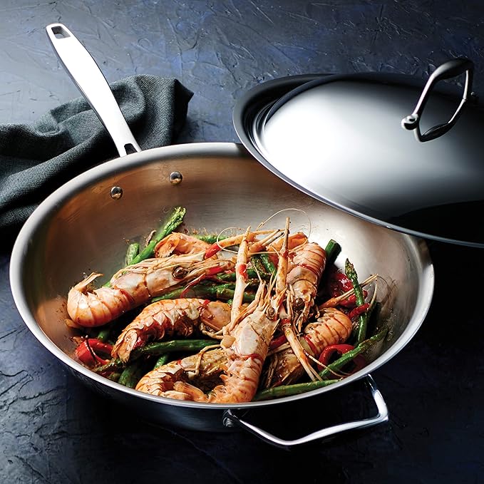 Tramontina Signature Tri-Ply Clad Stainless Steel 12.5-Inch Wok with lid, Induction-Ready, Dishwasher-Safe, NSF-Certified, Made in Brazil