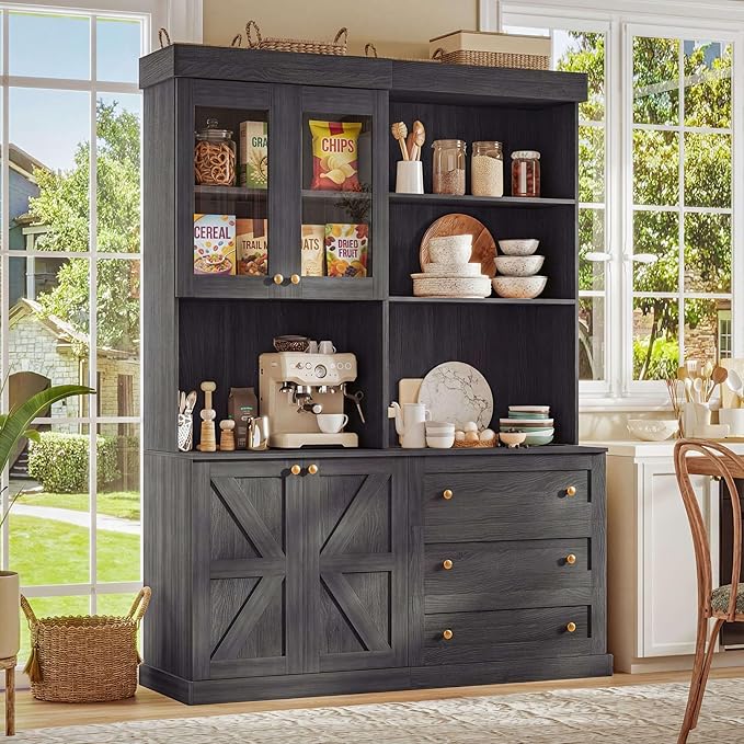 71" Farmhouse Kitchen Pantry Cabinet Set of 2, Black Freestanding Coffee Bar Hutch with Glass Doors, Drawers & Adjustable Shelves, Large Storage Cabinet with Microwave Stand for Kitchen & Living Room