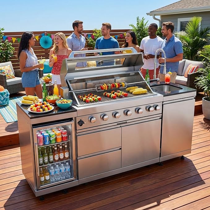 Outdoor Kitchen Island, 82 Inch 6 Burner Gas Grill Combination With Refrigerator and Sink, Outdoor Stainless Steel Barbecue Bar, Propane Grill, 85000 BTUs (82"-Silver, Propane)