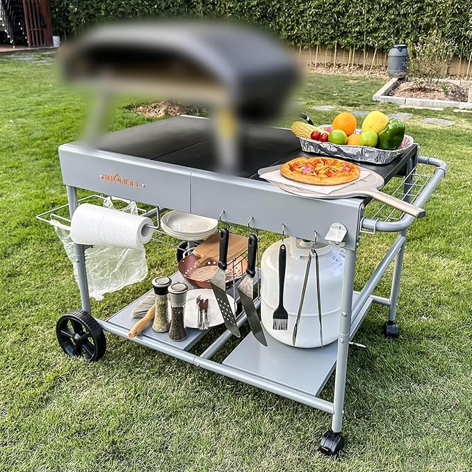Upgraded Pizza Oven Cart Table and Table Cover for Ooni Koda/Karu/Fyra 16 & 12, Movable Thicken & Widen Rolling Kitchen Cart, Outdoor Grill Stand for Ninja Woodfire