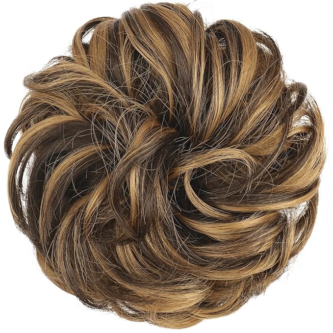 FESHFEN Large Messy Bun Hair Piece - Wavy Synthetic Chignon Scrunchies Elastic Ponytail Hair Extensions Thick Hairpieces for Women, Brown Highlighted Caramel Blonde 1.94oz
