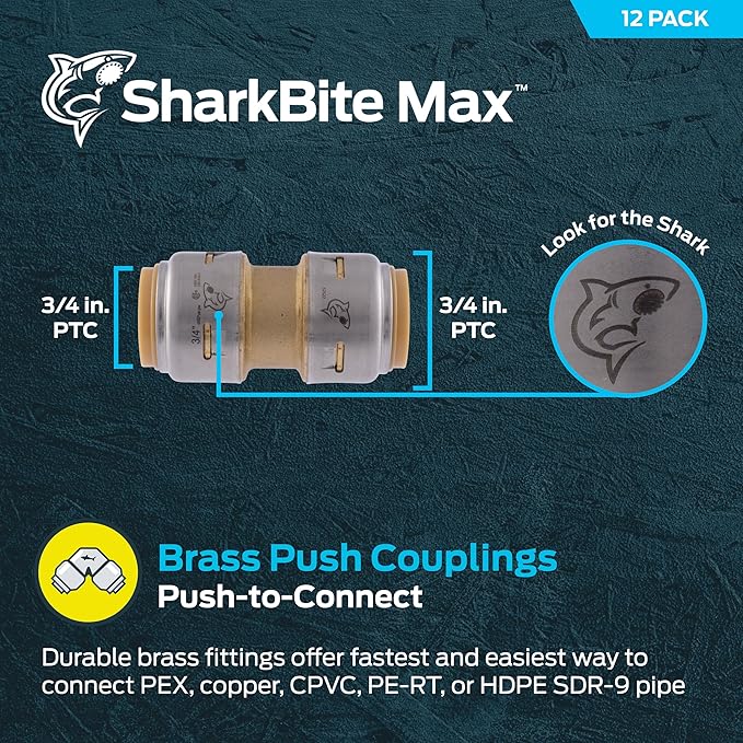 SharkBite Max Coupling, Push to Connect Brass Plumbing Fitting, PEX Pipe, Copper, CPVC, PE-RT, HDPE