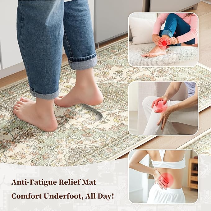 Boho Kitchen Mats for Floor 2 Piece Set Anti Fatigue Cushioned PVC Kitchen Rugs Non Slip Waterproof Farmhouse Mats 2/5 Inch Comfort Standing Mat for Sink, Laundry, 17.3"x59"+17.3"x28", Green Beige