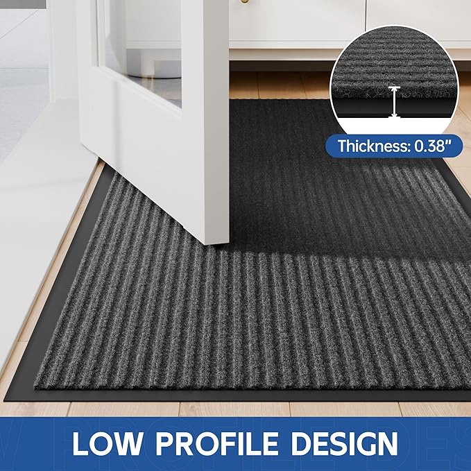 Front Door Mat, 2' x 6' Heavy Duty Indoor Outdoor Welcome Mat for Entryway, Commercial Entrance, Low Profile, Non-Slip, Durable Rubber Backing for Patio, Home