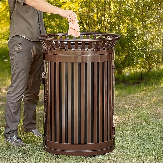 45 Gallon Brown Trash Can with Flat Lid & Door, Outdoor Heavy-Duty Commercial Waste Bin Steel Slatted, Round Recycle Container, Durable Garbage Can for Parks, Municipalities, Schools, Parking