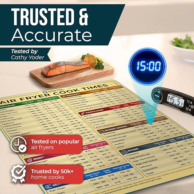 Cathy Yoder's Air Fryer Cheat Sheet Set, Air Fryer Accessories, AirFryer Cooking Guide Magnetic Cheat Sheet, AirFryer Cook Times Chart Magnet, Internal Food Temp for 80+ Popular Foods - Desert Tan