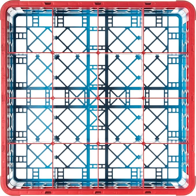 CFS RG16-1C410 OptiClean 16 Compartment Glass Rack with 1 Extender, 5.56", Polypropylene, Red/CFS Blue