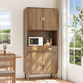 Smuxee 70.87" Walnut Kitchen Pantry Cabinet, Tall Food Pantry Cabinet with Line Groove Design, Kitchen Hutch with Microwave Stand for Dining Room, Living Room, Bar