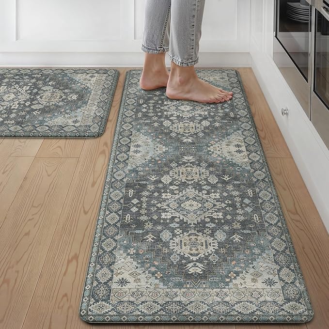 GENIMO Kitchen Mats for Floor, 2PCS Kitchen Rugs Non Slip Washable, Waterproof Anti Fatigue Mat, Comfort Standing Runner Rug for Sink, Office, Laundry, Home, 17.3"x47"+17.3"x30", Slate Blue