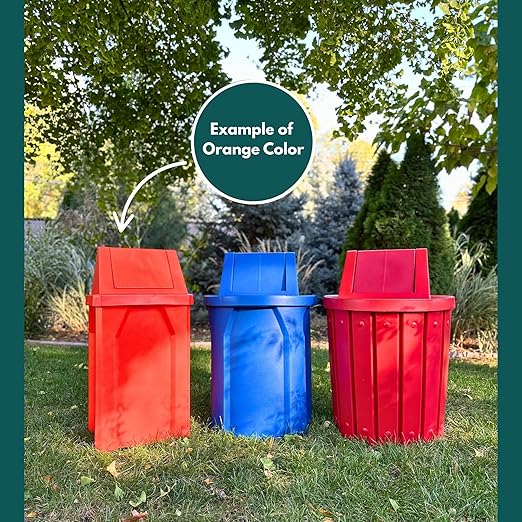 Campus Collection 55 Gallon Round 100% Recycled Plastic Heavy Duty Indoor or Outdoor Trash Can with Push Open Dome Lid and Internal Liner | Great for Schools and Businesses - Orange