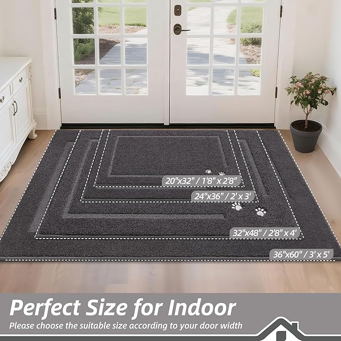 BEQHAUSE Dog Door Mat for Muddy Paws 36"x60" Dirt Trapper Absorbent Doormat Non Slip Entryway Rugs Washable Stain Resistant Welcome Floor Mat Soft Low-Profile for Front Back Door, Dark Grey