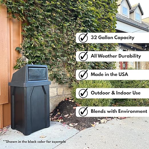 32 Gallon Square 100% Recycled Plastic Heavy Duty Indoor or Outdoor Commercial Trash Can with Push Lid | Great for Schools and Businesses - Brown Granite