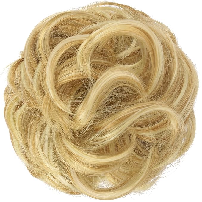 FESHFEN Messy Bun Hair Pieces - Large Wavy Curly Elastic Hair Bun Scrunchies Ponytail Extensions Synthetic Chignon Hairpieces for Women, Strawberry Blonde & Bleach Blonde 1.94oz