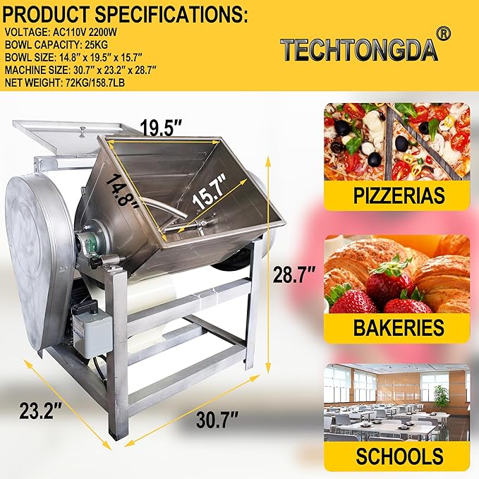TECHTONGDA Commercial Dough Mixer, Electric Dough Kneading Machine, 110V Heavy Duty Stand Mixer with 50QT Kneading Capacity, 90 Degree Tilt, Ideal for Schools Restaurants