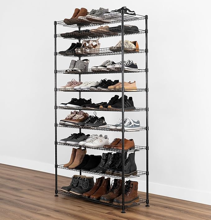 SafeRacks 10-Tier Shoe Rack - Black, Large Shoe Storage Organizer, 60 Pair, Heavy Duty Shoe Stand with Vertical Free Standing Shoe Shelf, Perfect for Entryway, Closet, Garage, & Bedroom Storage
