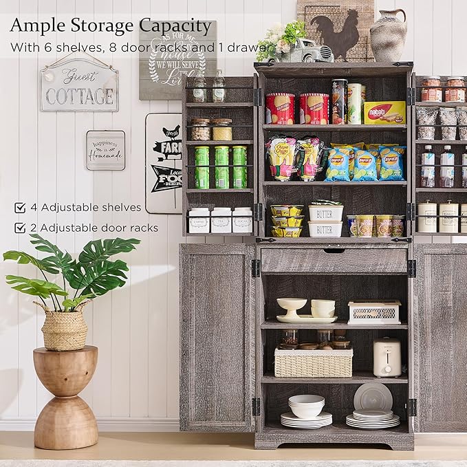 ACCOHOHO 72" Tall Kitchen Pantry, Farmhouse Storage Cabinet with Barn Doors, Organizer, Drawer and Adjustable Shelves, Rustic Wood Cupboard for Kitchen, Dining Room, Bathroom and Hallway, Rustic Grey