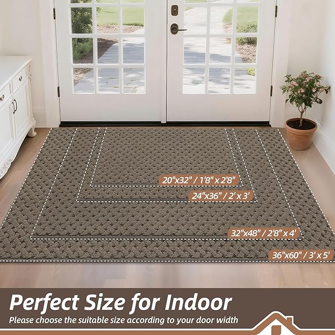 BEQHAUSE Dirt Trapper Door Mat Non-Slip Entryway Rugs Stain Resistant Absorbent Dog Doormats Woven-Look Washable Welcome Floor Doormat for Front Back Door, Muddy Wet Shoes & Paws, 24" x 36", Brown
