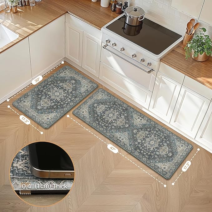 GENIMO Kitchen Mats for Floor, 2PCS Kitchen Rugs Non Slip Washable, Waterproof Anti Fatigue Mat, Comfort Standing Runner Rug for Sink, Office, Laundry, Home, 17.3"x47"+17.3"x30", Slate Blue