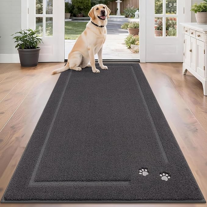 BEQHAUSE Dog Door Mat for Muddy Paws 32"x70" Dirt Trapper Absorbent Doormat Non Slip Entryway Rugs Washable Stain Resistant Welcome Floor Mat Soft Low-Profile for Front Back Door, Dark Grey