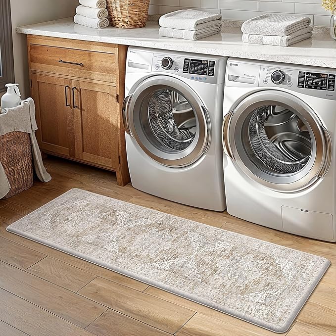 GENIMO Kitchen Mats for Floor, 2PCS Kitchen Rugs Non Slip Washable, Waterproof Anti Fatigue Mat, Comfort Standing Runner Rug for Sink, Office, Laundry, Home, 17.3"x59"+17.3"x30", Blue&Brown